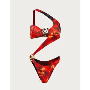 SAME Los Angeles Swim Womens Spiral one Shoulder One Piece Color Red Tropical M